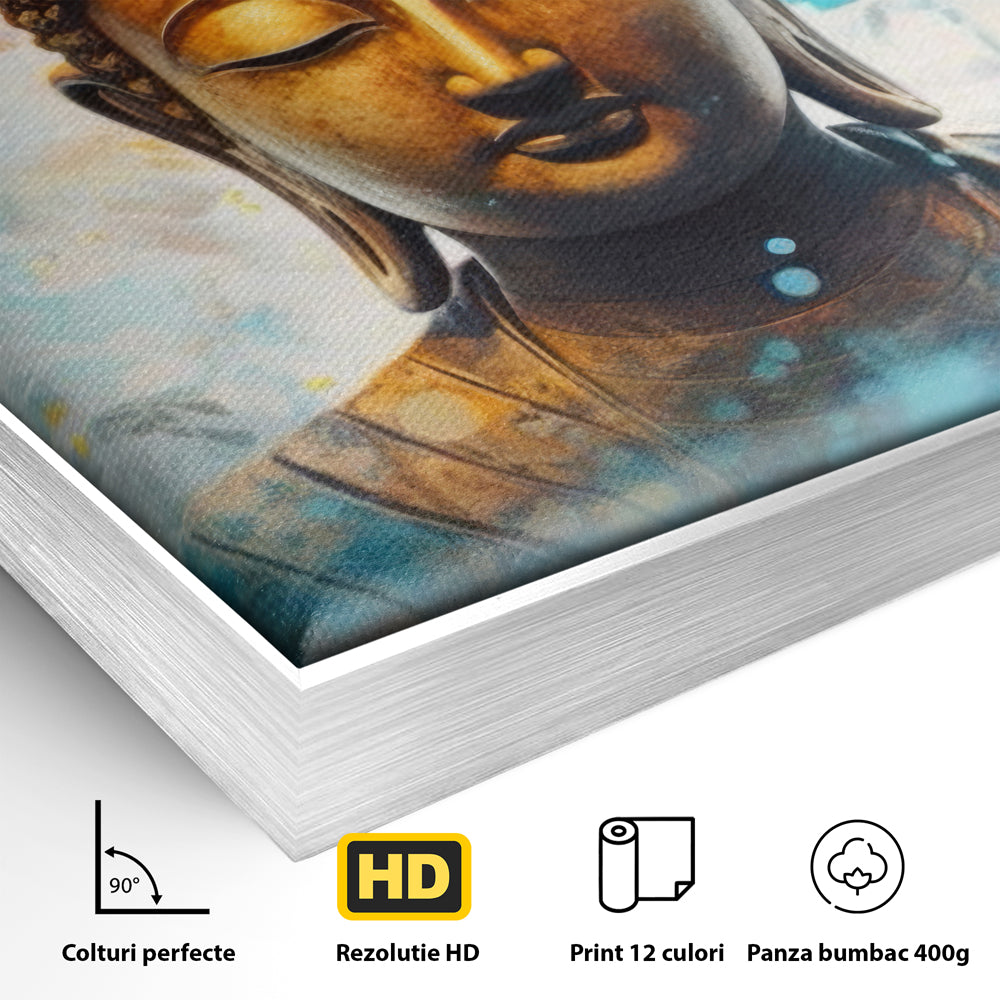 Detaliu al suprafetei: tablou canvas cu bustul lui buddha, in rama de aluminiu argintiu